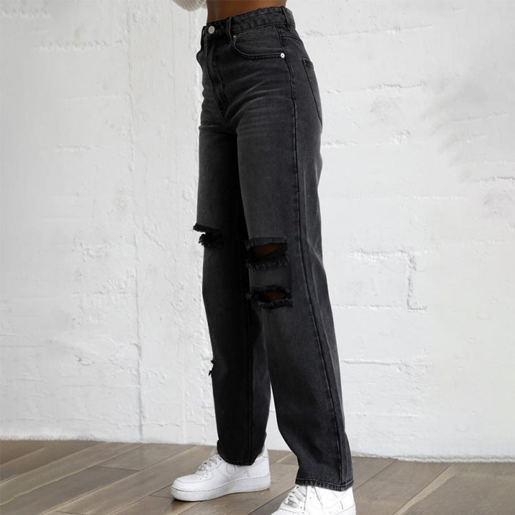 Women's Denim Pants With Ripped Holes
