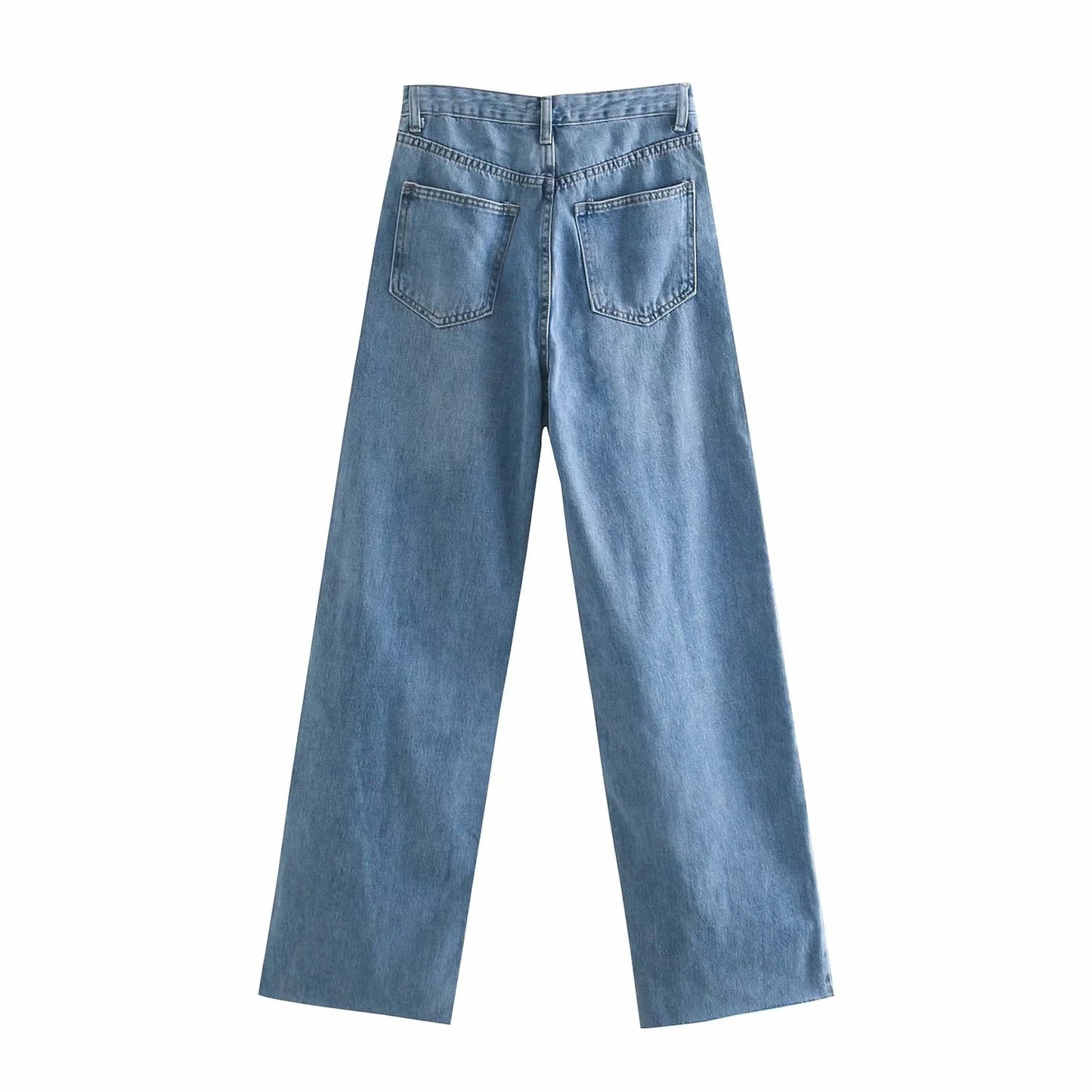 Blue High-waisted Straight-leg Jeans Trousers With Raw Edges And Casual Trousers