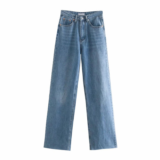 Blue High-waisted Straight-leg Jeans Trousers With Raw Edges And Casual Trousers