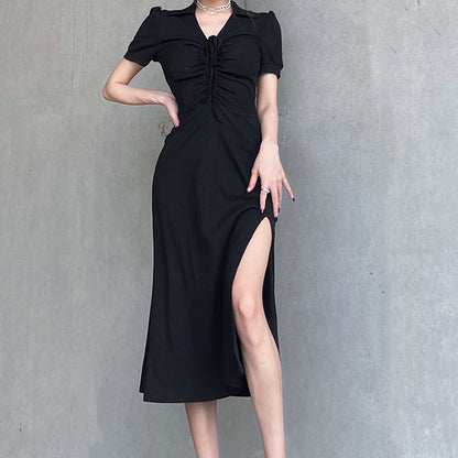 Solid Color Pleated V Neck Dress
