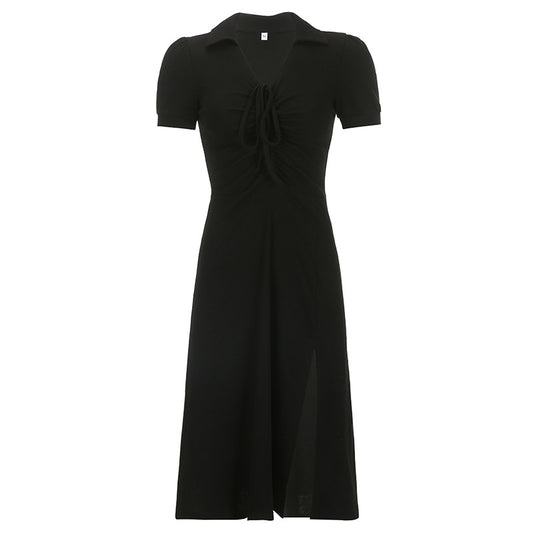 Solid Color Pleated V Neck Dress